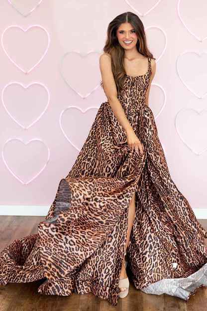 Brown Leopard Ball Gown Thick Straps Long Prom Dress with Slit