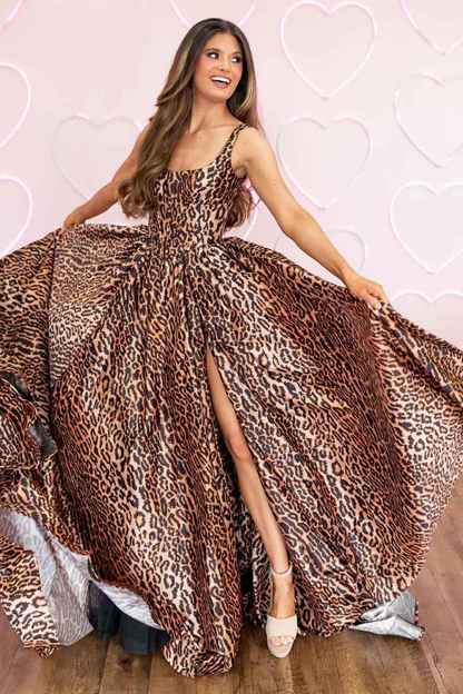 Brown Leopard Ball Gown Thick Straps Long Prom Dress with Slit