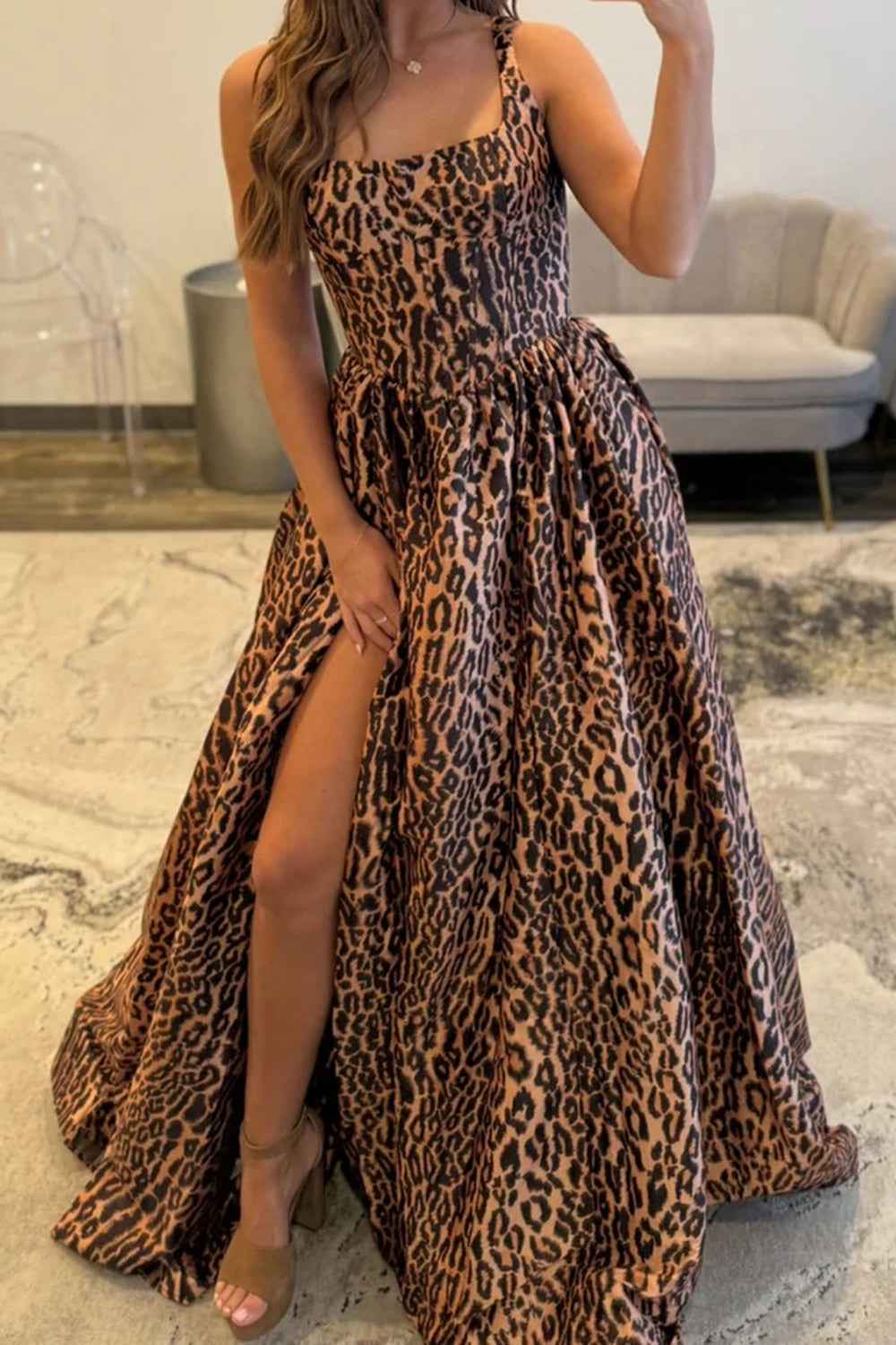 Brown Leopard Thick Straps A-Line Long Corset Prom Dress with Slit