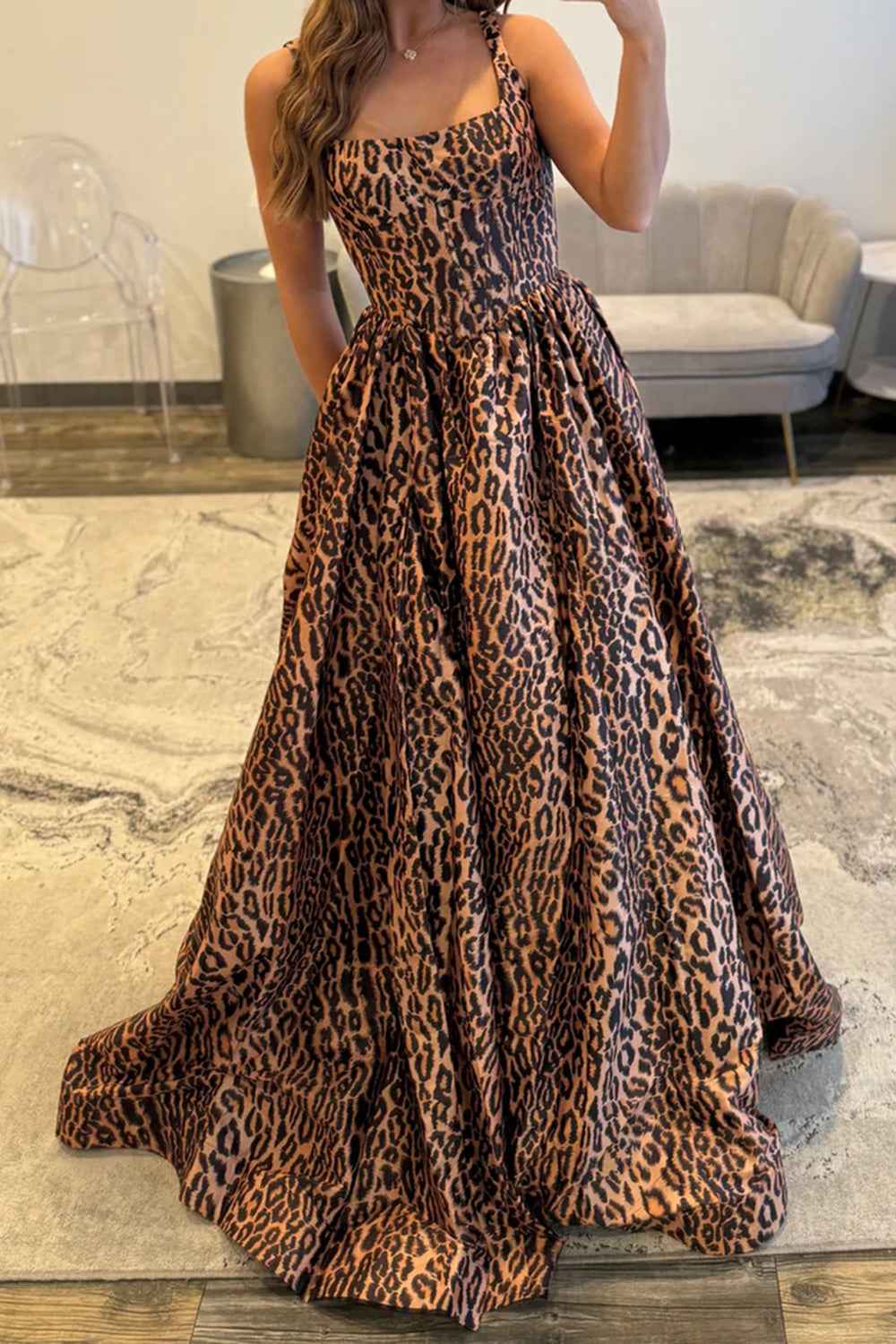 Brown Leopard Thick Straps A-Line Long Corset Prom Dress with Slit