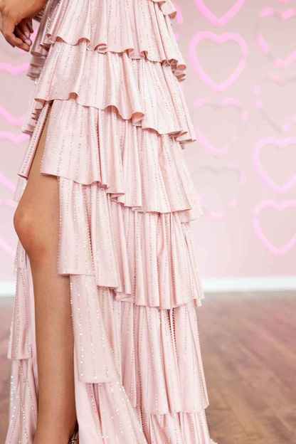 Sparkly Pink Off the Shoulder A-Line Ruffled Long Corset Prom Dress with Beading