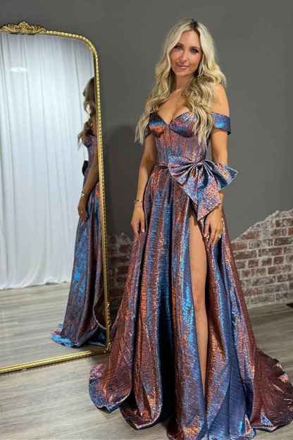Sparkly Blue Off the Shoulder Metallic A-Line Long Corset Prom Dress with Bow