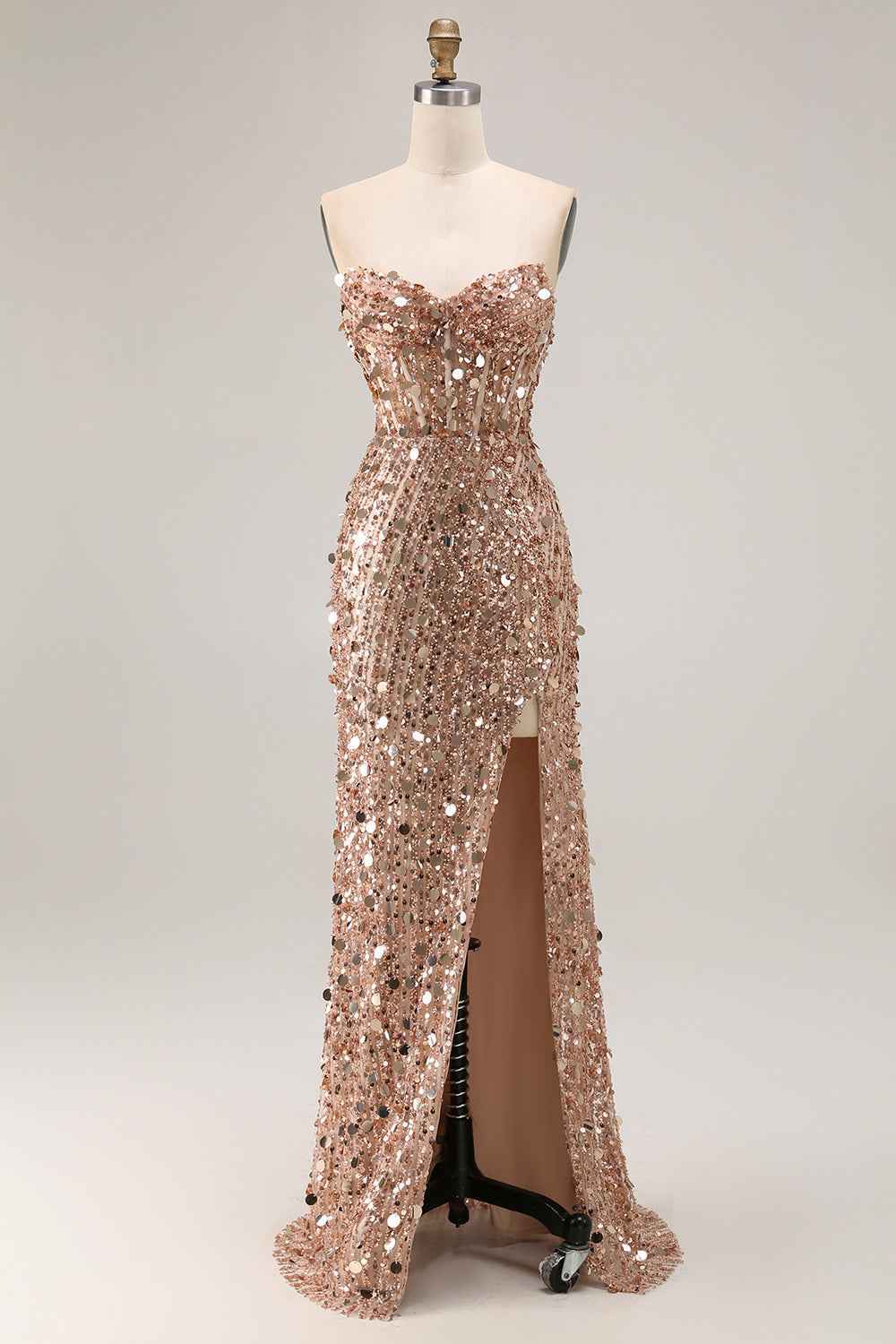 Sparkly Gold Mermaid Sequins Sweetheart Long Corset Prom Dress with Slit