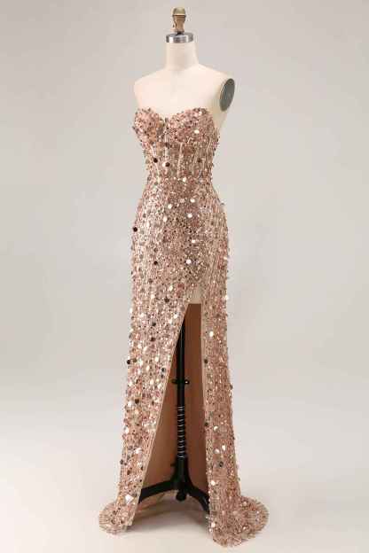 Sparkly Gold Mermaid Sequins Sweetheart Long Corset Prom Dress with Slit