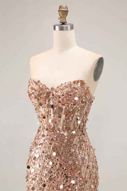 Sparkly Gold Mermaid Sequins Sweetheart Long Corset Prom Dress with Slit