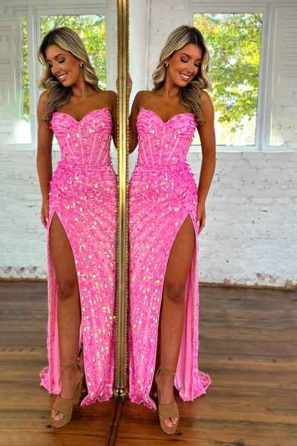 Sparkly Gold Mermaid Sequins Sweetheart Long Corset Prom Dress with Slit