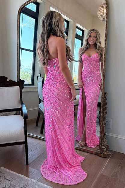 Sparkly Gold Mermaid Sequins Sweetheart Long Corset Prom Dress with Slit