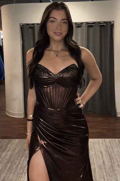 Sparkly Brown Metallic Sweetheart Mermaid Long Corset Prom Dress with Beading