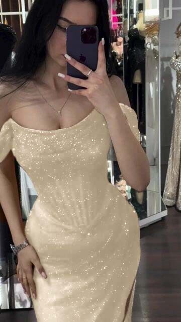 Sequins Off the Shoulder Sleeveless Long Prom Dress With Split
