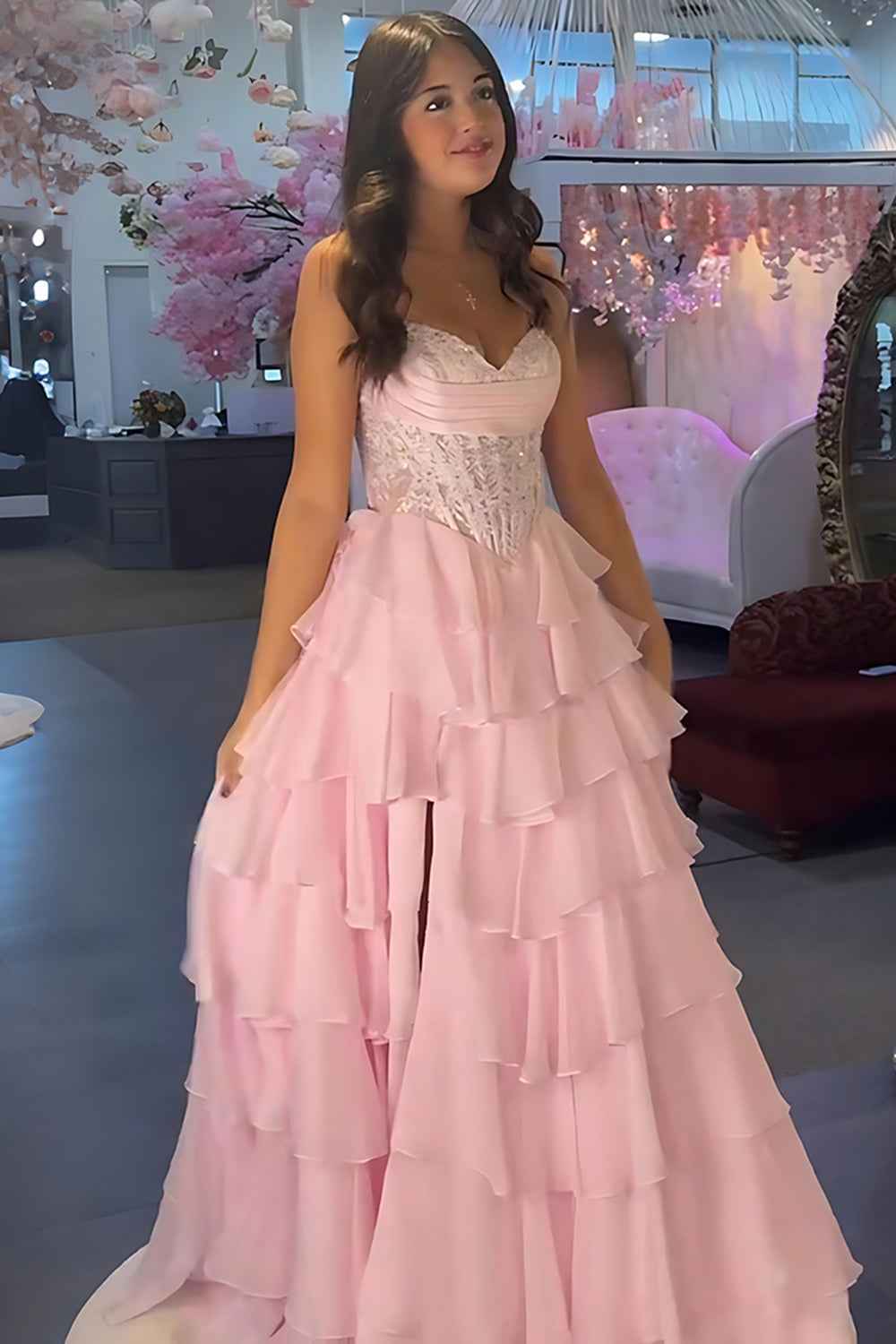 Red A-Line Sweetheart Tiered Ruffled Long Corset Prom Dress with Lace