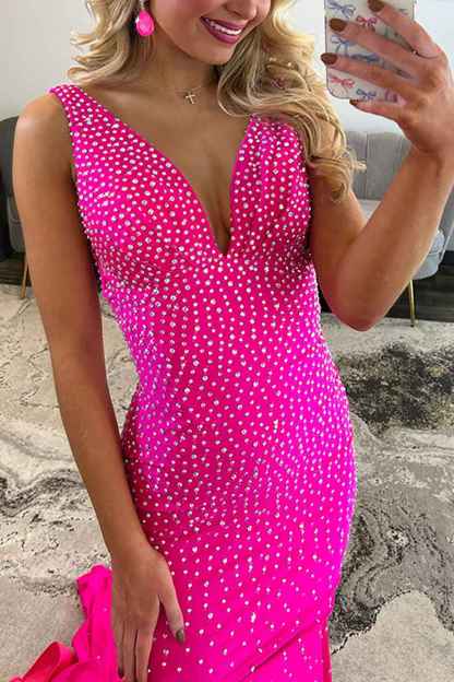 Sparkly Peacock Blue Mermaid V-Neck Beaded Long Prom Dress with Slit