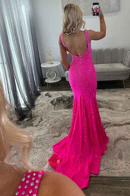 Sparkly Peacock Blue Mermaid V-Neck Beaded Long Prom Dress with Slit