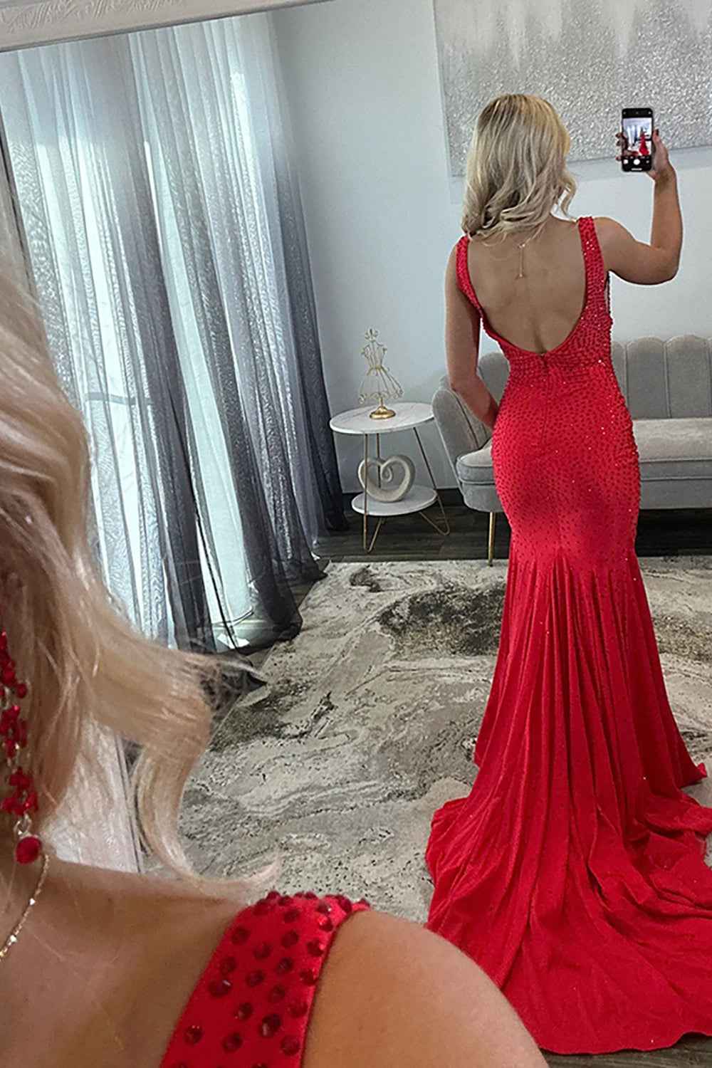 Sparkly Peacock Blue Mermaid V-Neck Beaded Long Prom Dress with Slit