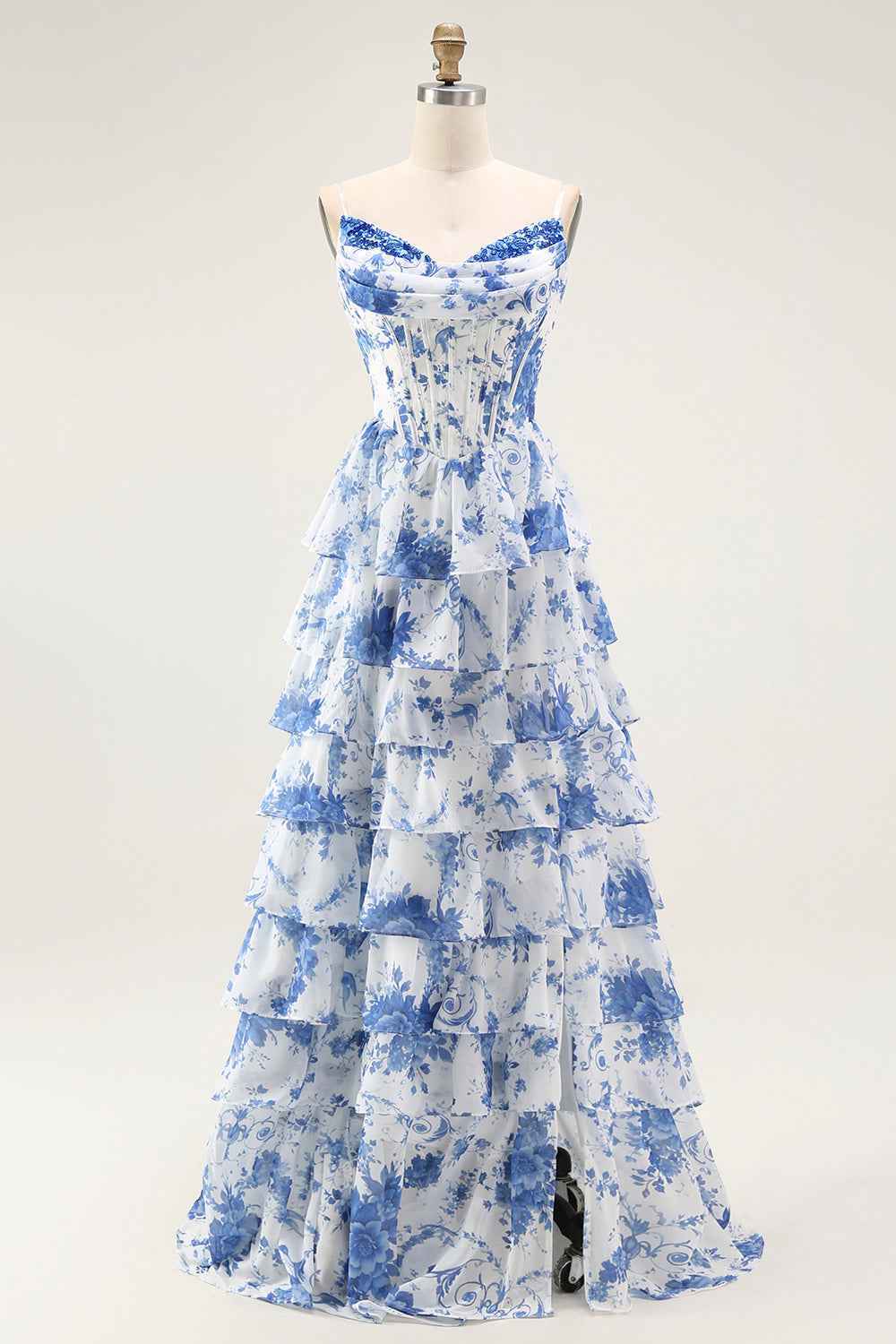 Floral Blue A-Line Corset Tiered Long Chiffon Prom Dress with Slit