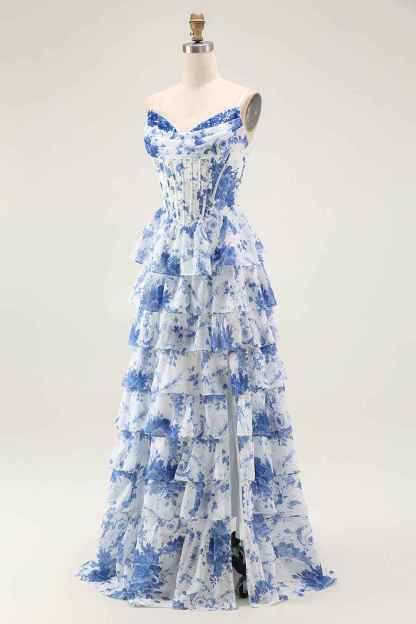 Floral Blue A-Line Corset Tiered Long Chiffon Prom Dress with Slit