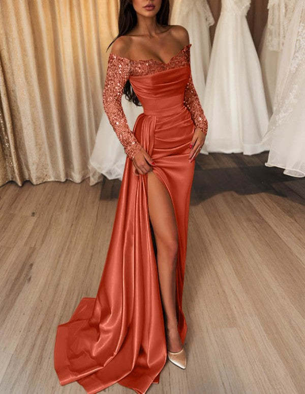 Off-the-Shoulder Floor-Length Prom Dress with Side Split and Sequins