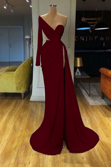 White Long Sleeve Sweetheart Mermaid Prom Dress One Shoulder With Split