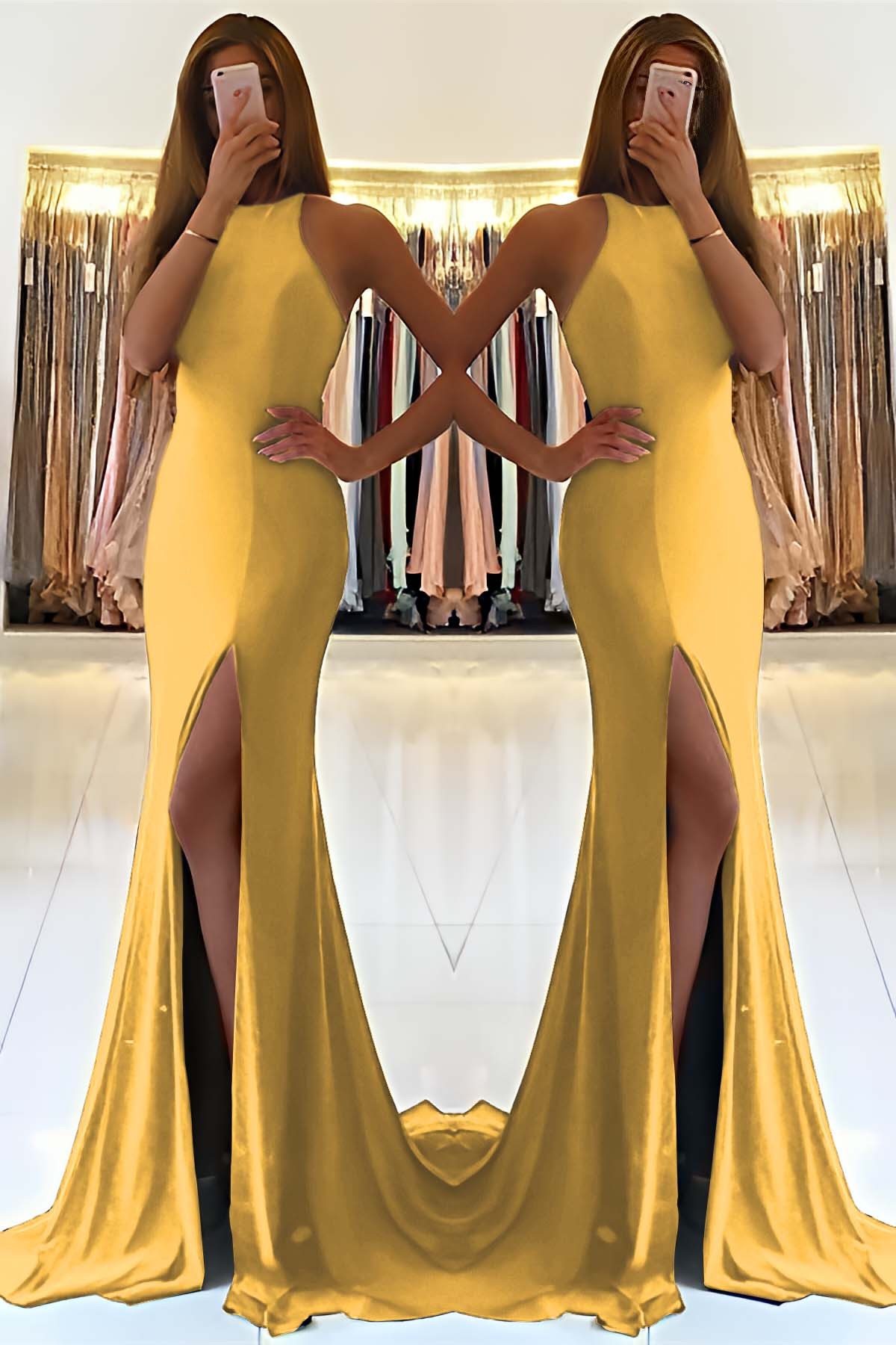 Stunning Royal Blue High Neck Sleeveless Long Mermaid Prom Dress With Split