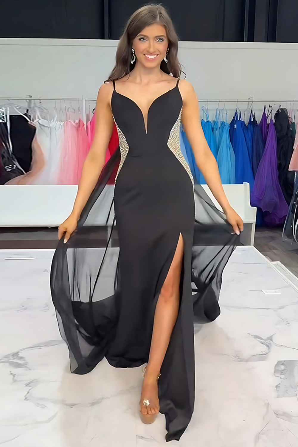 Sparkly Black Mermaid Detachable Train Satin Long Beaded Prom Dress with Slit