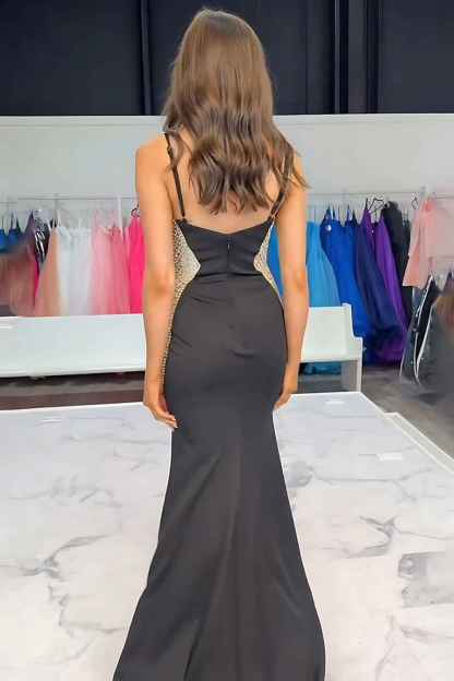 Sparkly Black Mermaid Detachable Train Satin Long Beaded Prom Dress with Slit