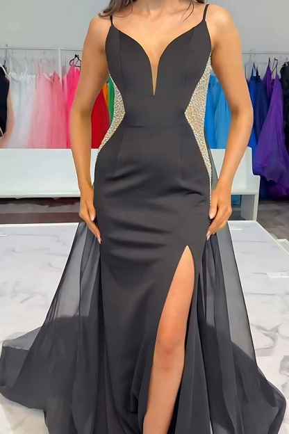 Sparkly Black Mermaid Detachable Train Satin Long Beaded Prom Dress with Slit