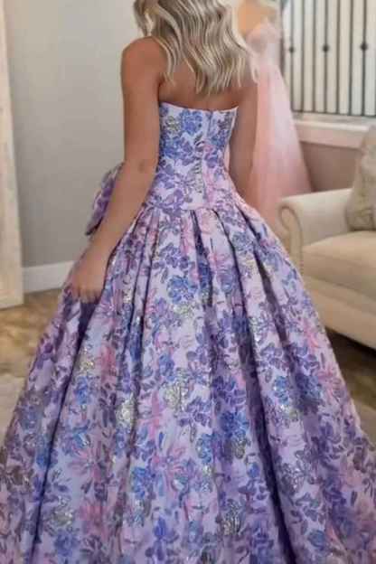 Purple Floral Sweetheart A Line Long Prom Dress with Bow
