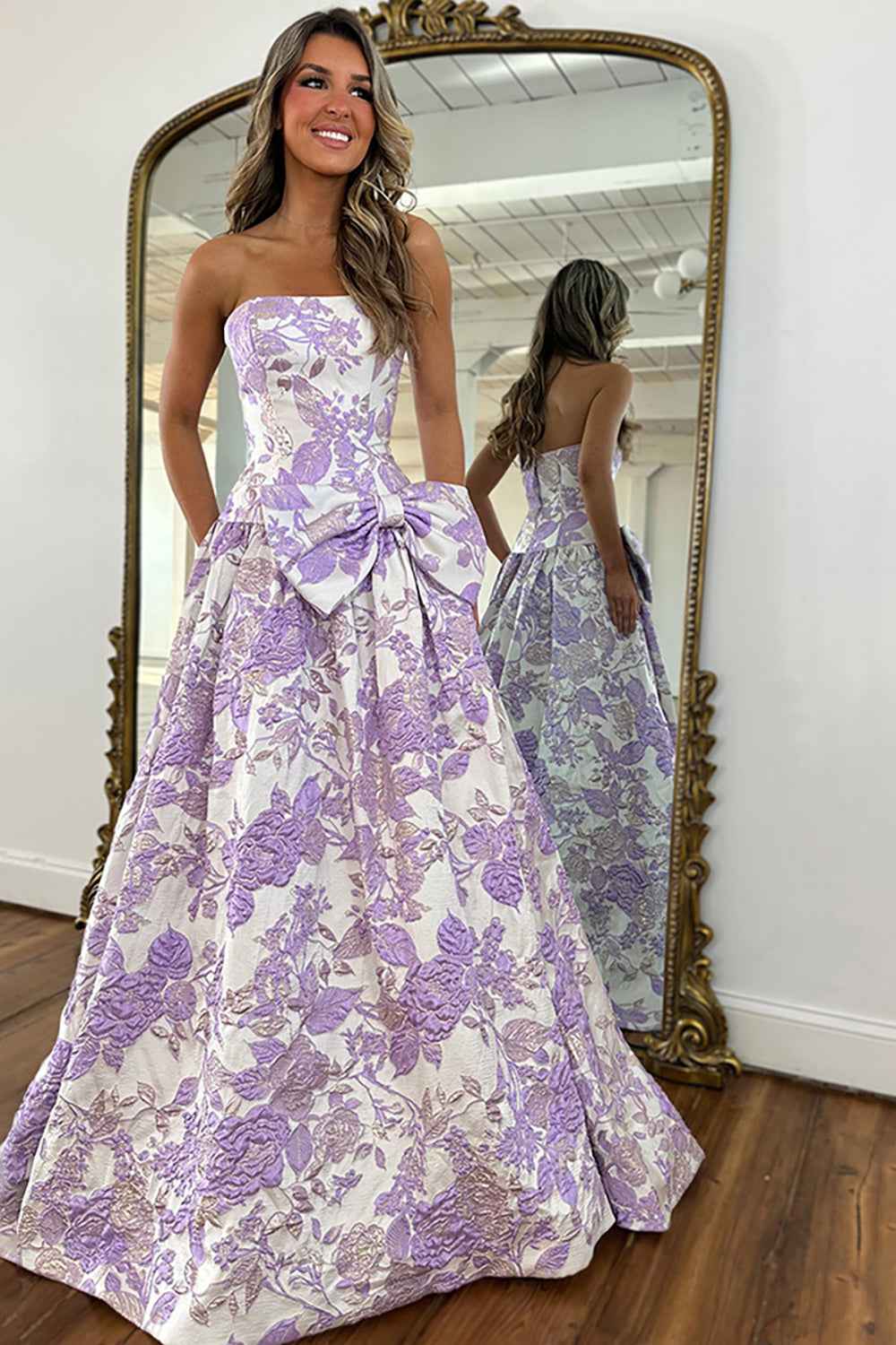 Purple Floral Sweetheart A Line Long Prom Dress with Bow