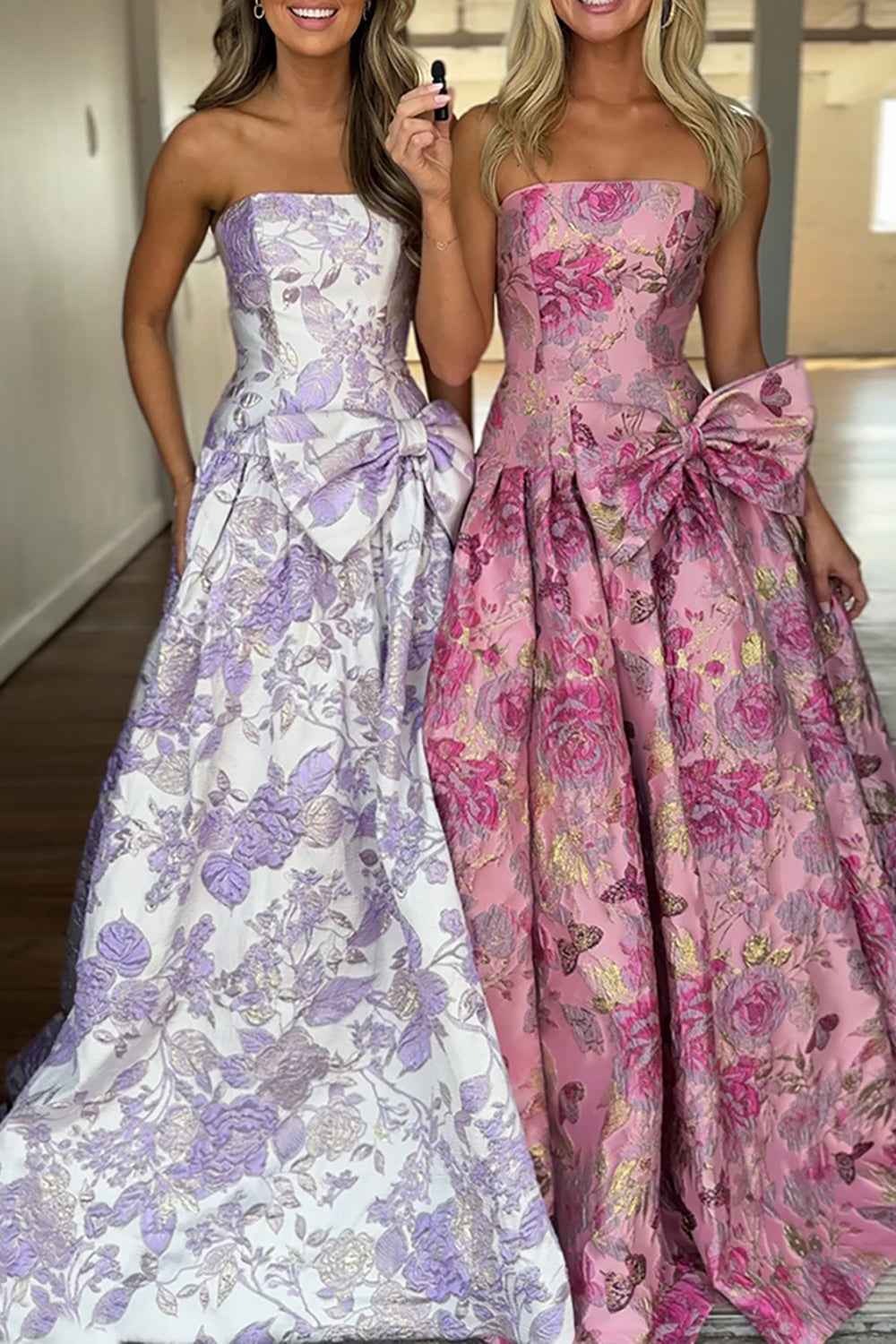 Purple Floral Sweetheart A Line Long Prom Dress with Bow