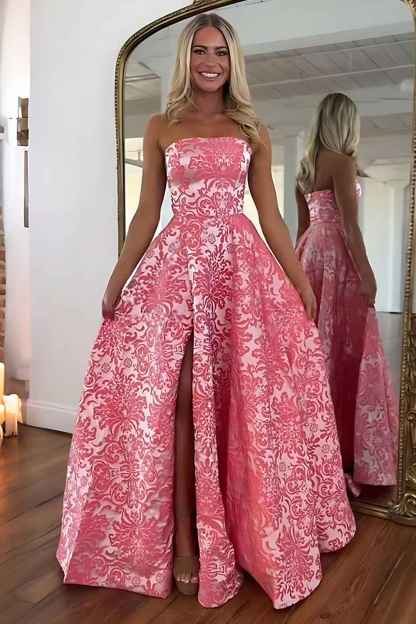 Floral Pink Strapless A Line Long Prom Dress with Slit