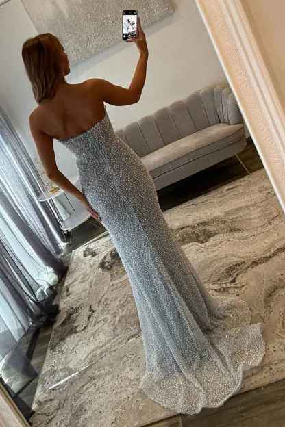 Sparkly Light Blue Mermaid Strapless Long Corset Prom Dress with Slit