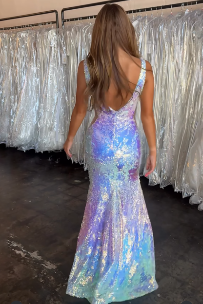 Sparkly Sliver Mermaid V-Neck Backless Long Sequin Prom Dress