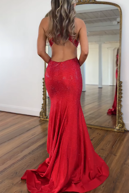 Sparkly Red Mermaid Halter Backless Long Beaded Prom Dress with Slit