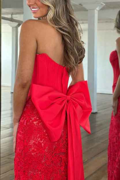Red Lace Mermaid Strapless Long Corset Prom Dress with Bow