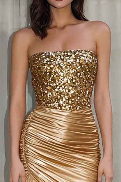 Sparkly Gold Mermaid Ruched Strapless Long Satin Prom Dress with Slit