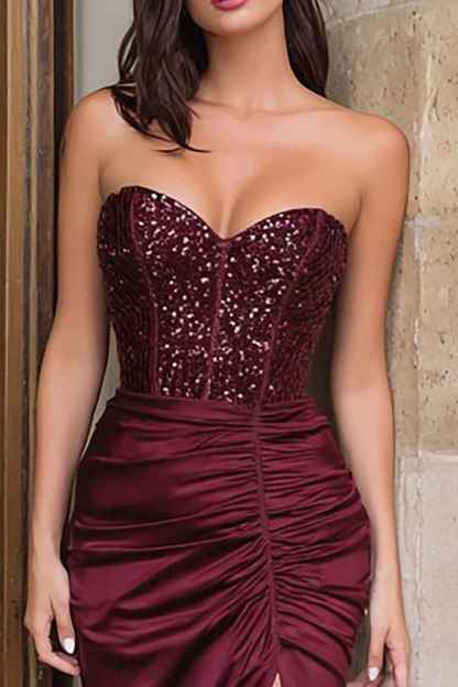 Sparkly Burgundy Satin Mermaid Sweetheart Long Corset Prom Dress with Slit
