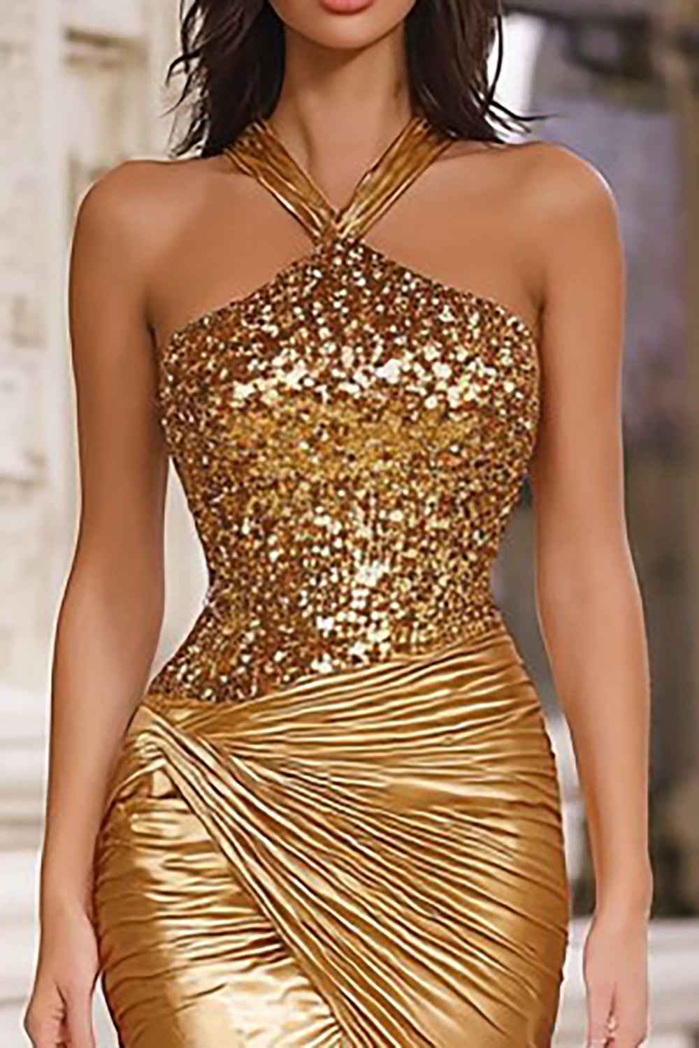 Sparkly Gold Mermaid Halter Ruched Long Prom Dress with Sequins