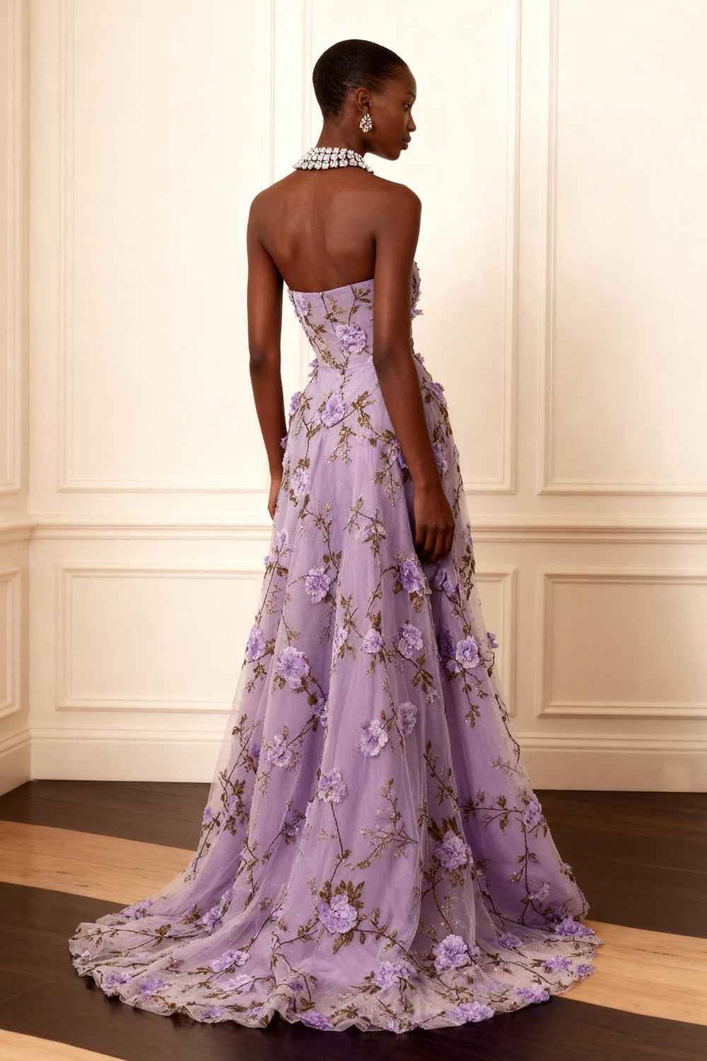 Floral Purple Strapless A Line Long Corset Prom Dress