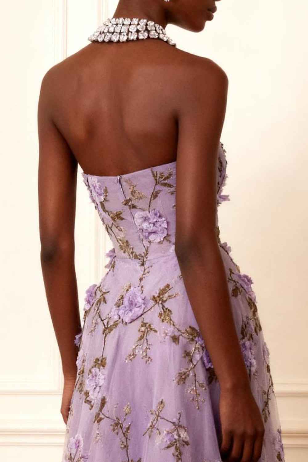Floral Purple Strapless A Line Long Corset Prom Dress