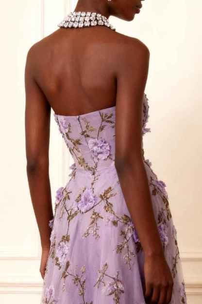 Floral Purple Strapless A Line Long Corset Prom Dress