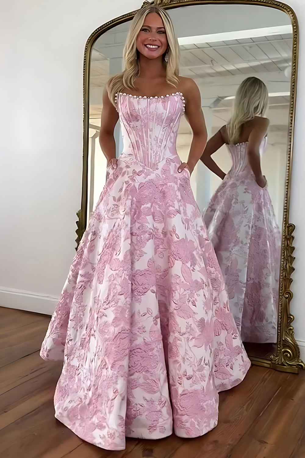 Sparkly Grey Blue Flower Strapless A-Line Long Corset Prom Dress with Beading