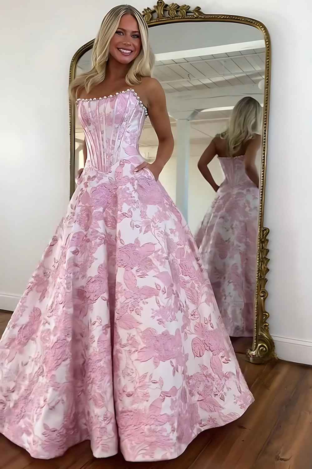 Sparkly Grey Blue Flower Strapless A-Line Long Corset Prom Dress with Beading