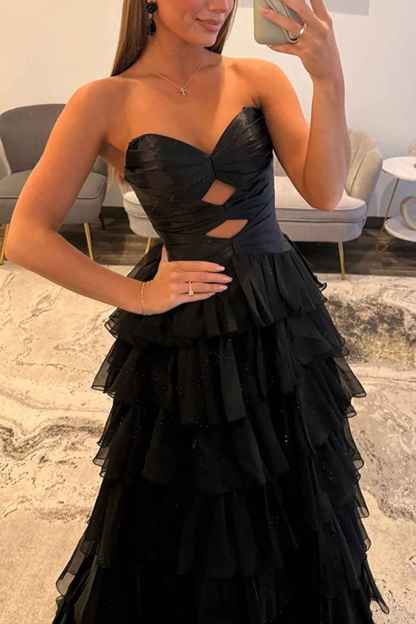 Fuchsia A-Line Sweetheart Tiered Cut Out Long Prom Dress with Slit