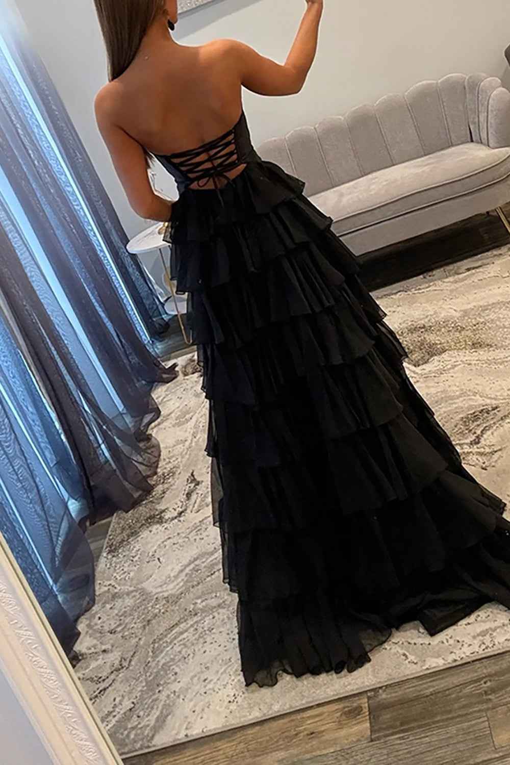 Fuchsia A-Line Sweetheart Tiered Cut Out Long Prom Dress with Slit