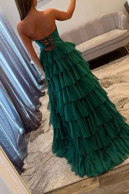 Fuchsia A-Line Sweetheart Tiered Cut Out Long Prom Dress with Slit