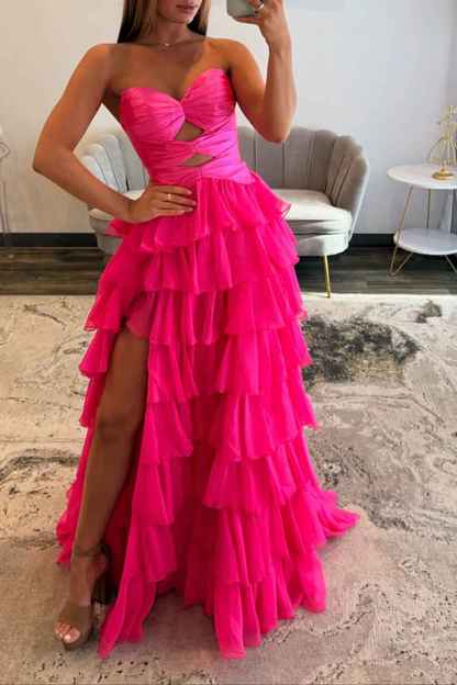 Fuchsia A-Line Sweetheart Tiered Cut Out Long Prom Dress with Slit