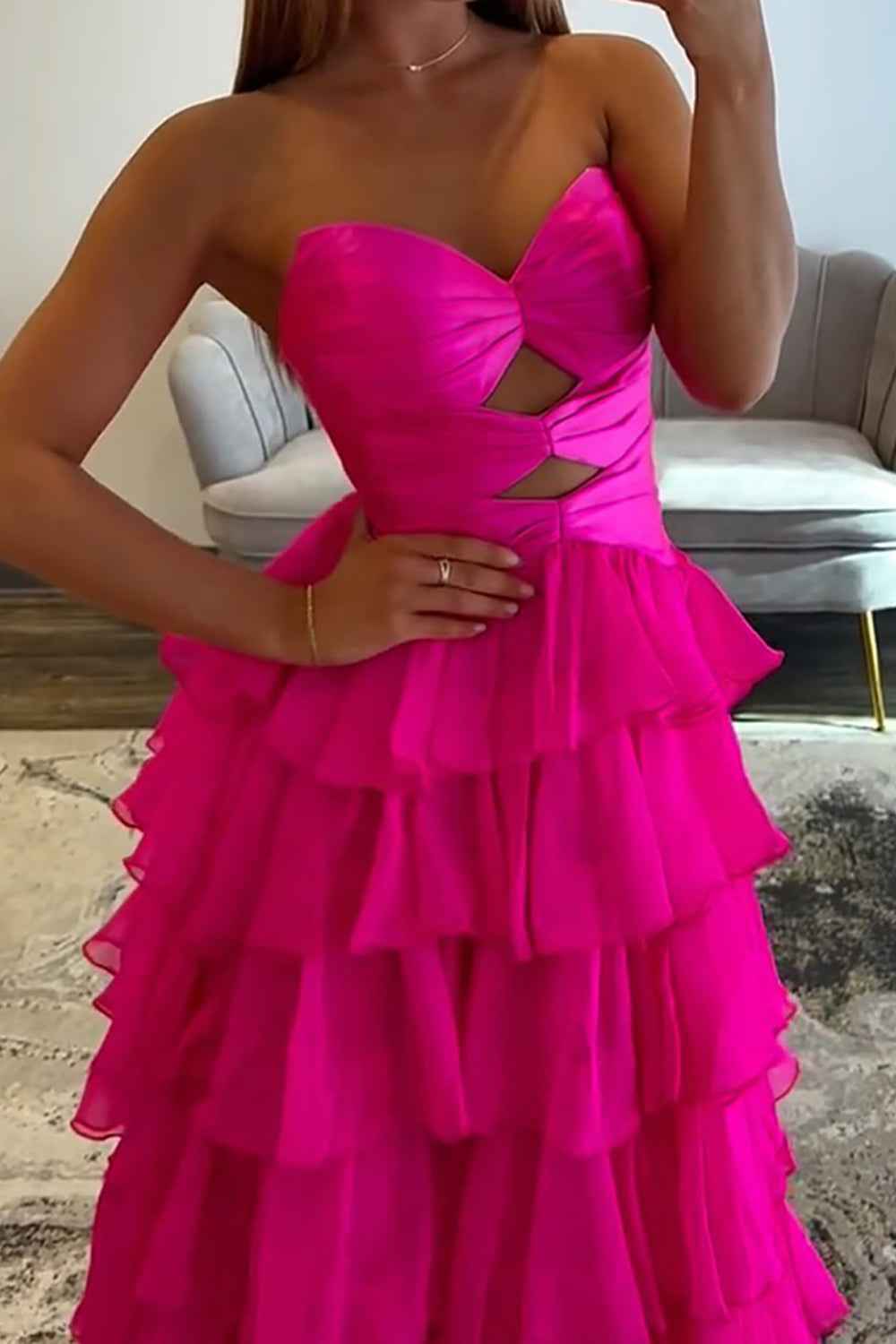 Fuchsia A-Line Sweetheart Tiered Cut Out Long Prom Dress with Slit