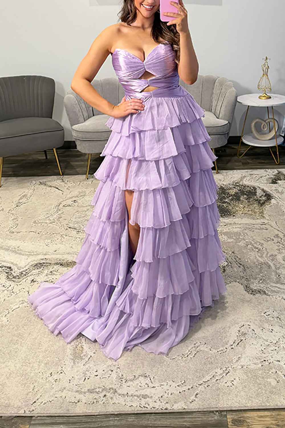 Fuchsia A-Line Sweetheart Tiered Cut Out Long Prom Dress with Slit