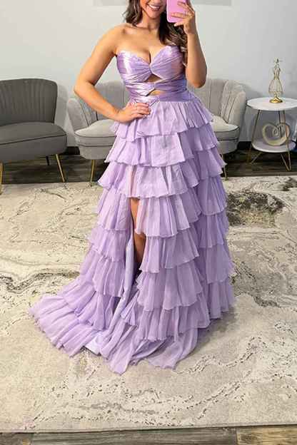 Fuchsia A-Line Sweetheart Tiered Cut Out Long Prom Dress with Slit