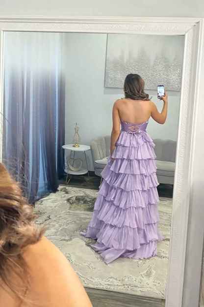 Fuchsia A-Line Sweetheart Tiered Cut Out Long Prom Dress with Slit