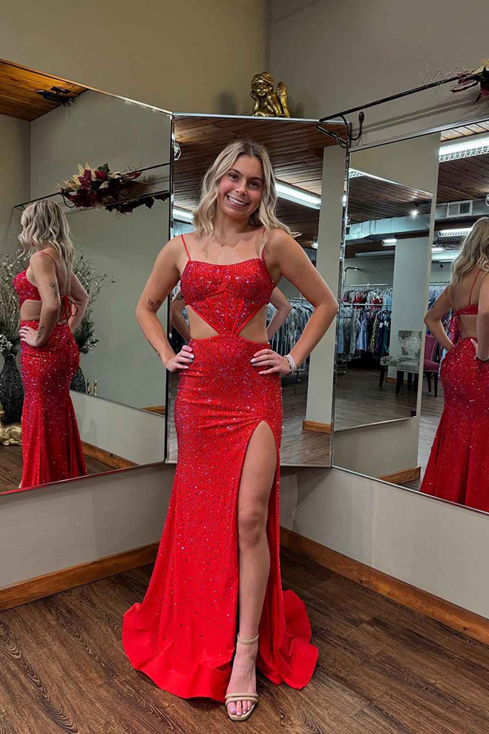 Sparkly Red Spaghetti Straps Cut-out Mermaid Long Prom Dress with Beading